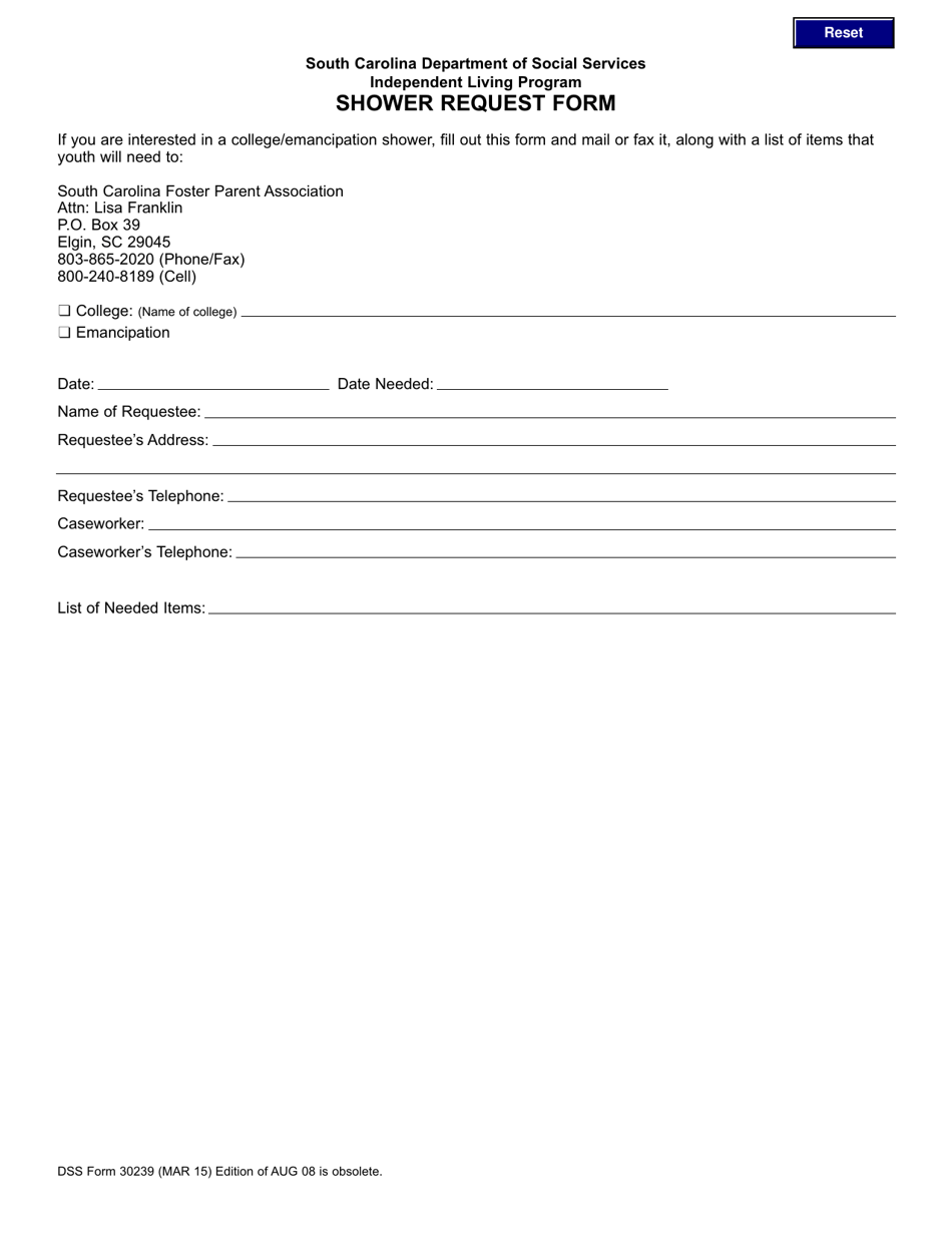 DSS Form 30239 Shower Request Form - South Carolina, Page 1