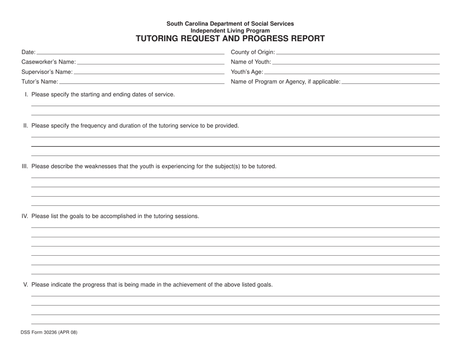 DSS Form 30236 Independent Living Program Tutoring Request and Progress Report - South Carolina, Page 1
