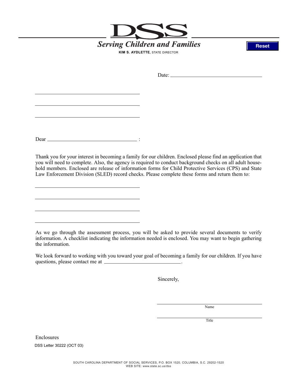 DSS Form 30222 Interest Letter - South Carolina, Page 1