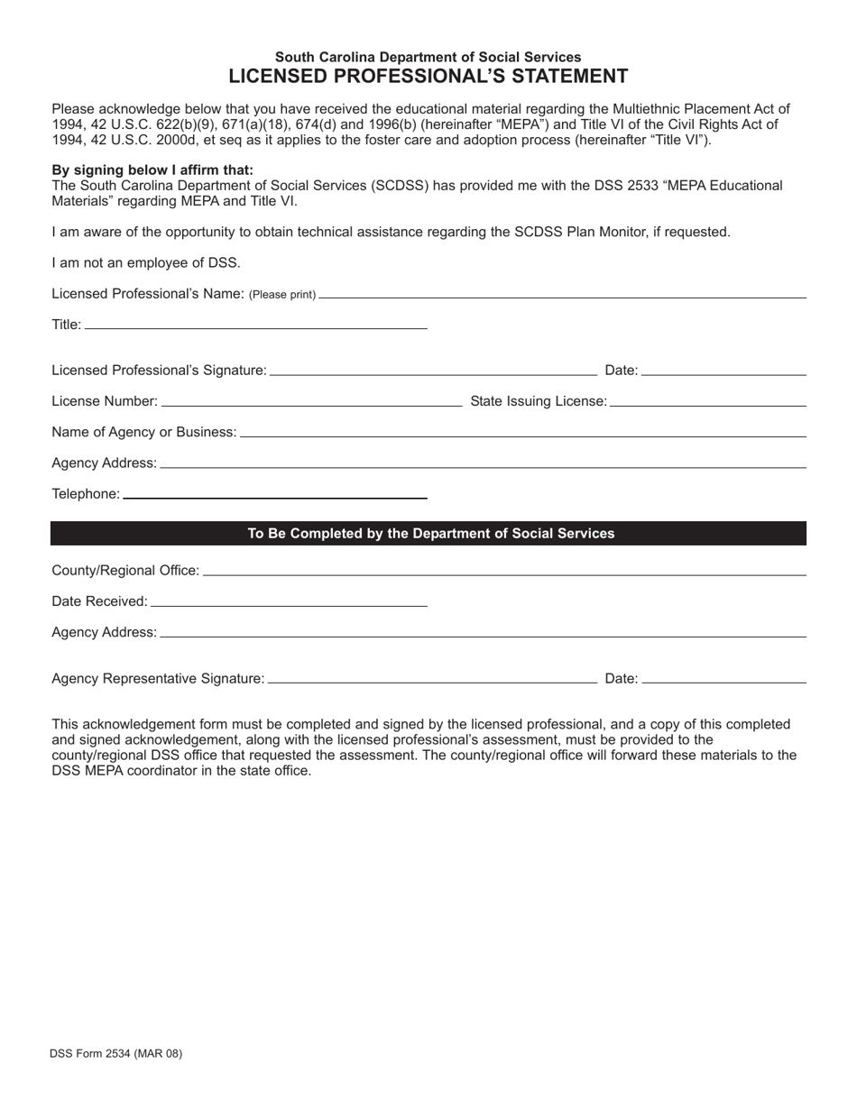 DSS Form 2534 Licensed Professionals Statement - South Carolina, Page 1