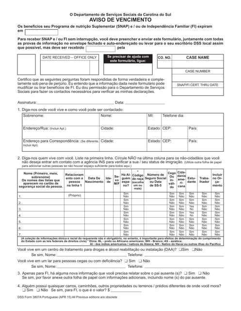 DSS Form 3807A POR Notice of Expiration - South Carolina (Portuguese)