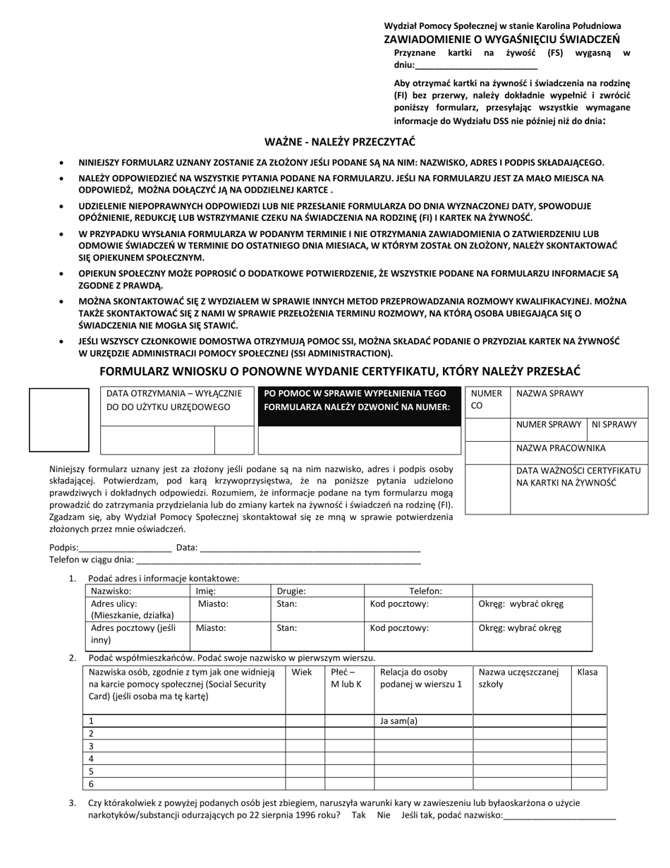 DSS Form 3807A POL Notice of Expiration - South Carolina (Polish), Page 1