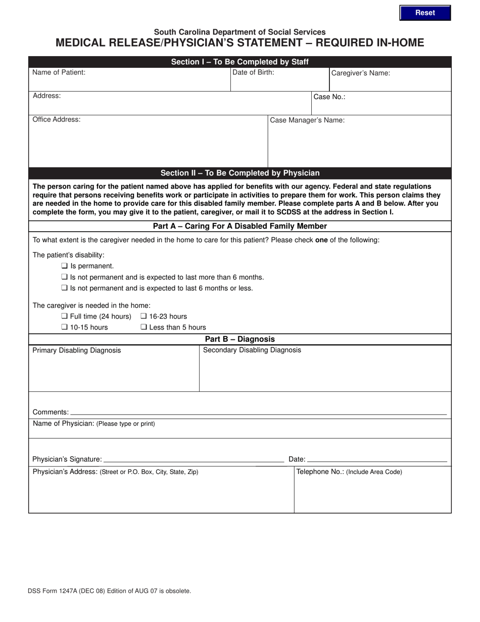 DSS Form 1247A Medical Release / Physicians Statement - Required in-Home - South Carolina, Page 1