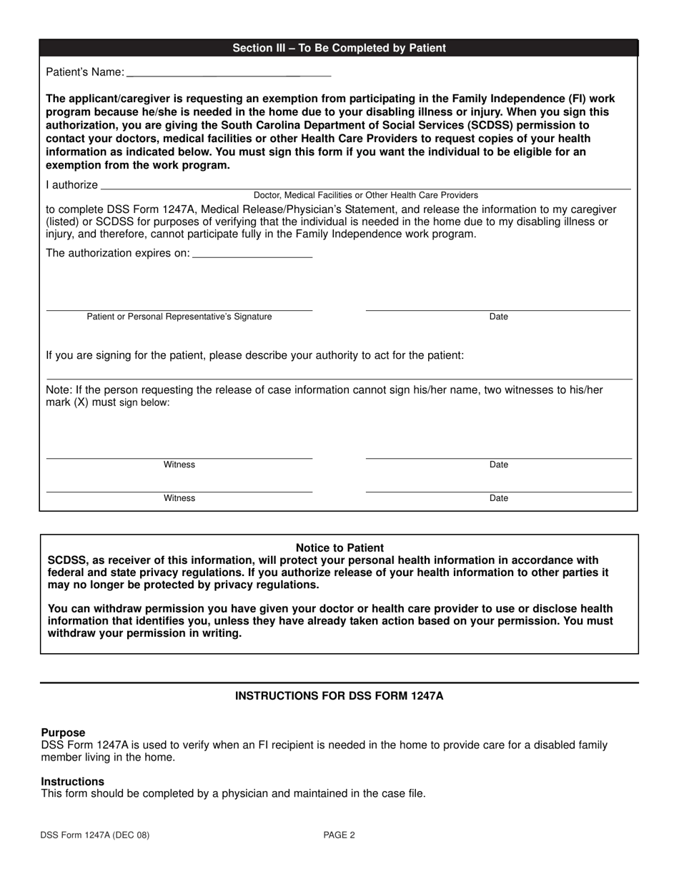 DSS Form 1247A Medical Release / Physicians Statement - Required in-Home - South Carolina, Page 2