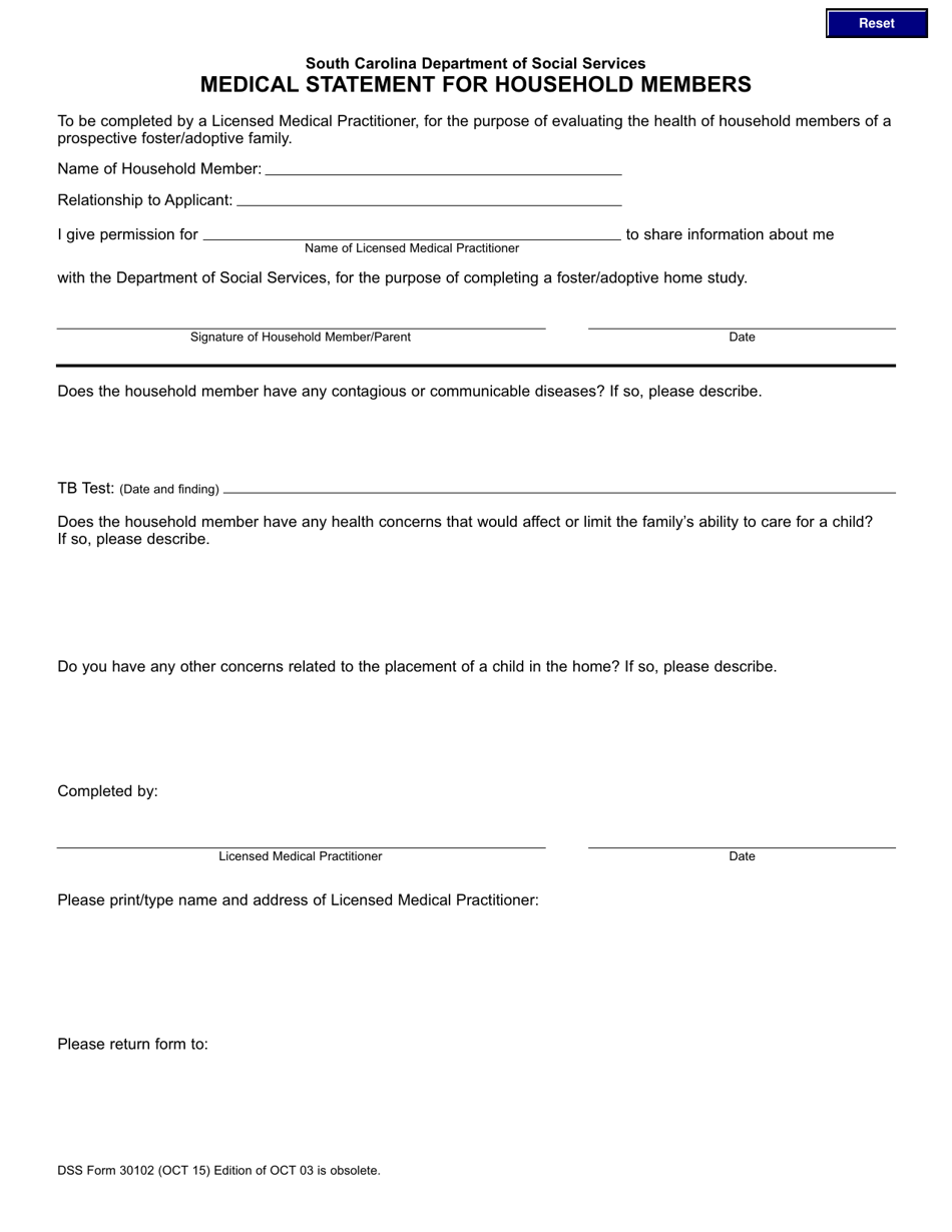 DSS Form 30102 Medical Statement for Household Members - South Carolina, Page 1