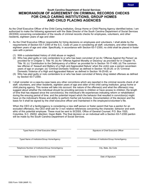 DSS Form 1508 Memorandum of Agreement on Criminal Records Checks for Child Caring Institutions, Group Homes and Child Placing Agencies - South Carolina