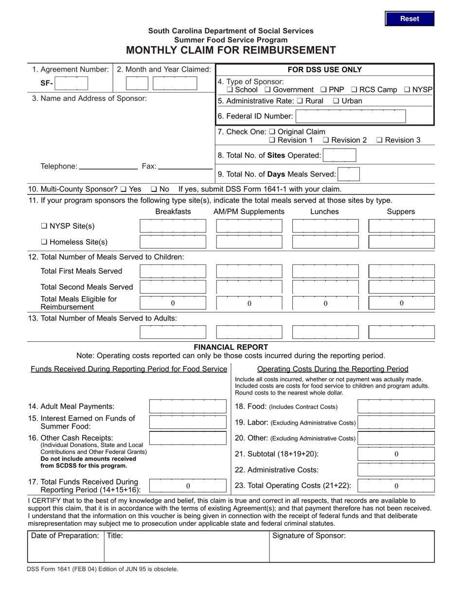 DSS Form 1641 Monthly Claim for Reimbursement - South Carolina, Page 1