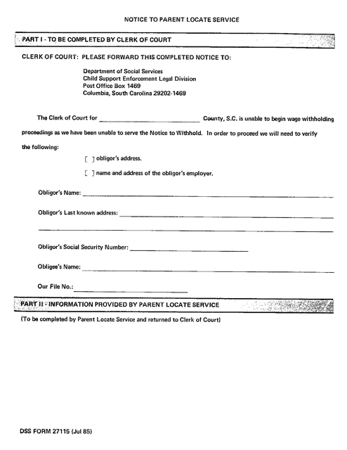 DSS Form 27115 Notice for Parent Locate Service - South Carolina