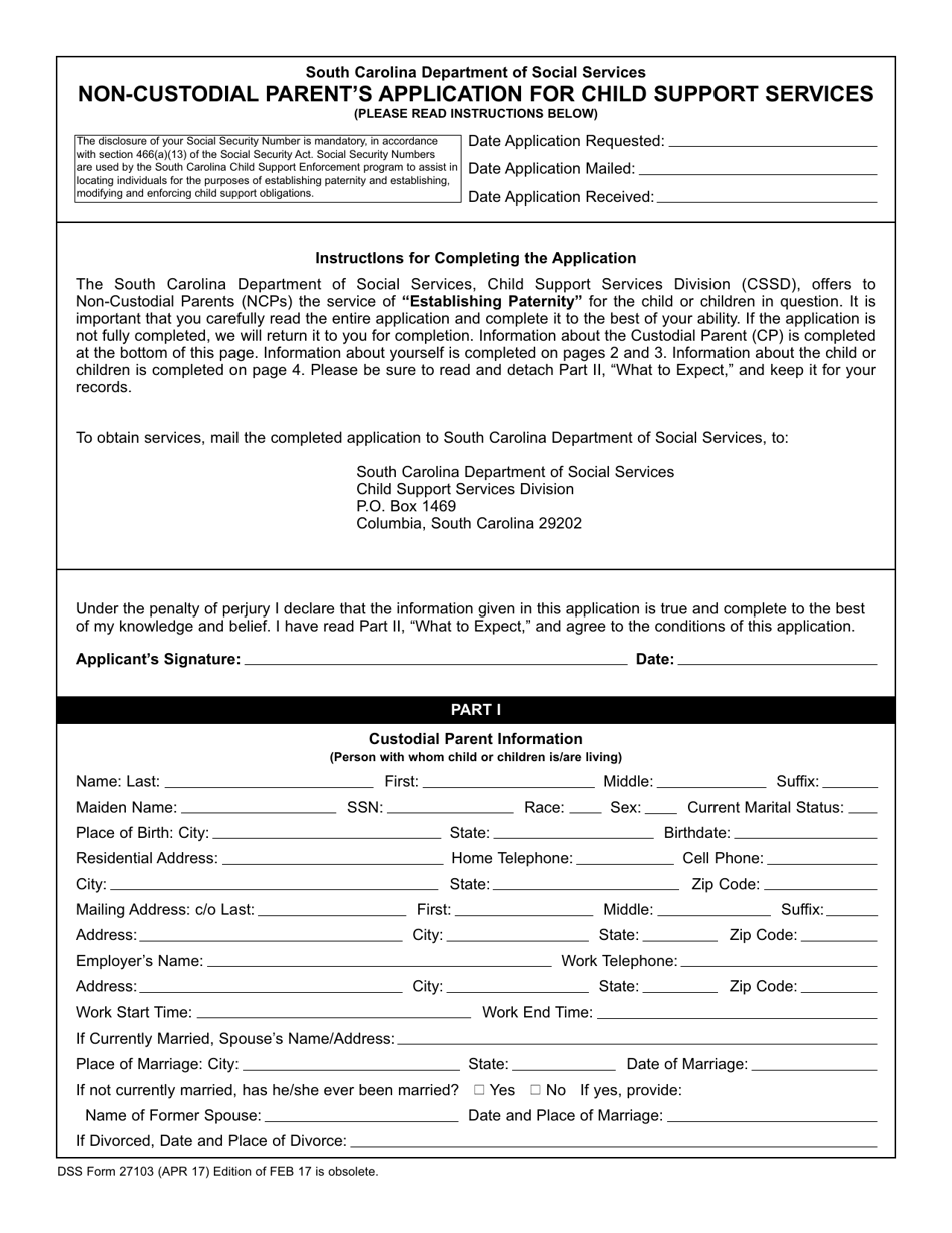 DSS Form 27103 Non-custodial Parent's Application for Child Support Services - South Carolina, Page 1
