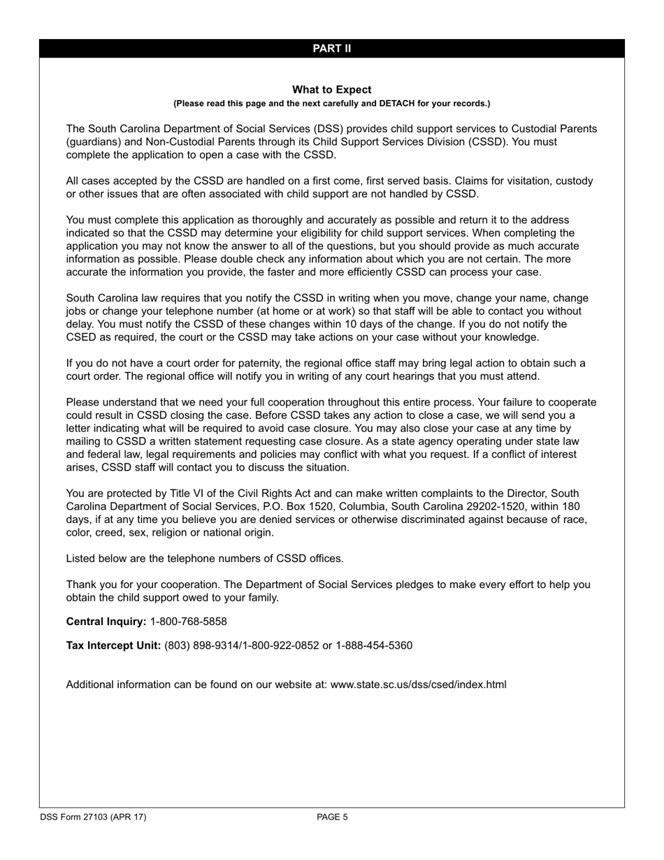 DSS Form 27103 Non-custodial Parents Application for Child Support Services - South Carolina, Page 5