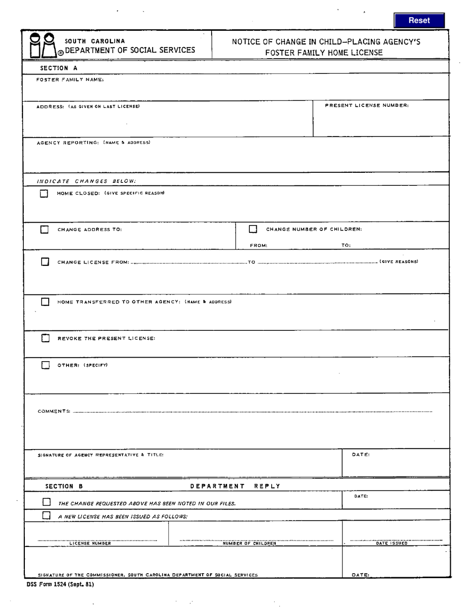 DSS Form 1524 Notice of Change in Child-Placing Agencys Foster Family Home License - South Carolina, Page 1
