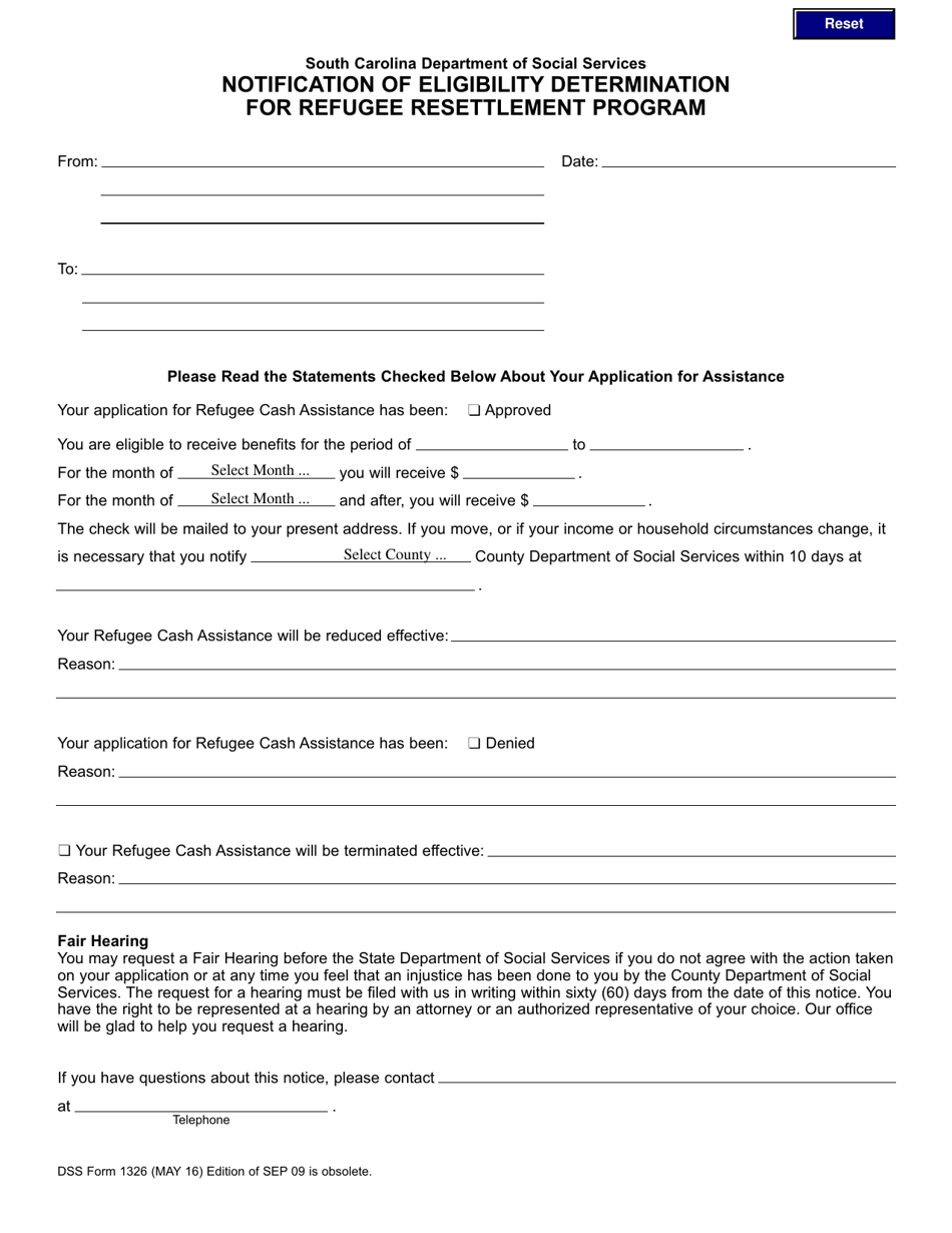 DSS Form 1326 Notification of Eligibility Determination for Refugee Resettlement Program - South Carolina, Page 1