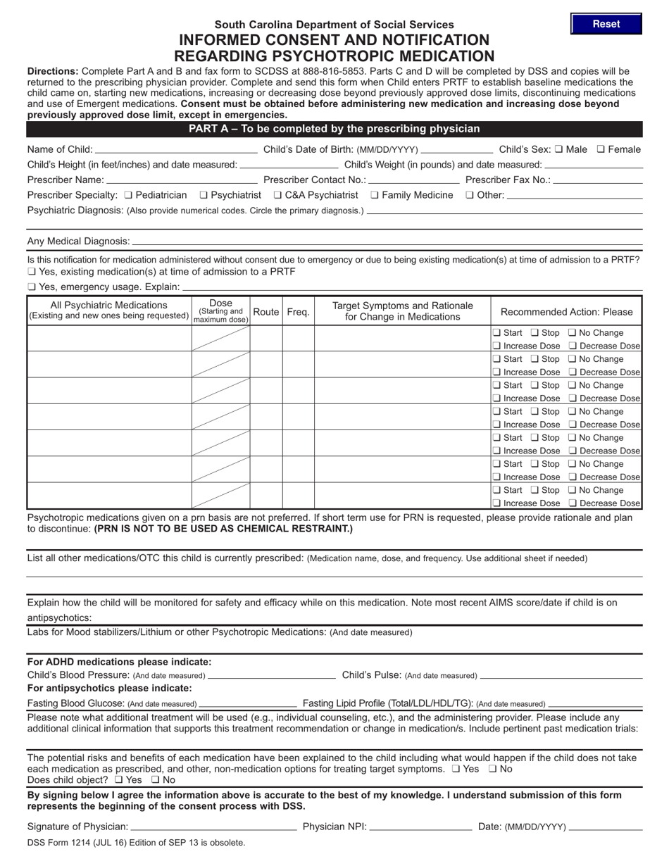 DSS Form 1214 Informed Consent and Notification Regarding Psychotropic Medication - South Carolina, Page 1