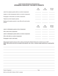 Document preview: DSS Form 30100 Openness Checklist for Birth Parents - South Carolina