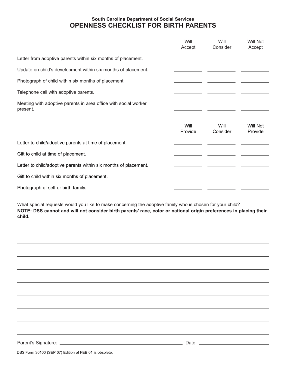 DSS Form 30100 Openness Checklist for Birth Parents - South Carolina, Page 1