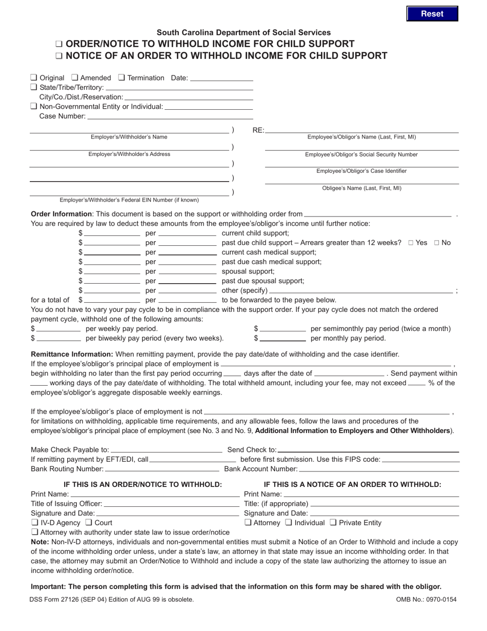 DSS Form 27126 Order / Notice to Withhold Income for Child Support and Notice of an Order to Withhold Income for Child Support - South Carolina, Page 1
