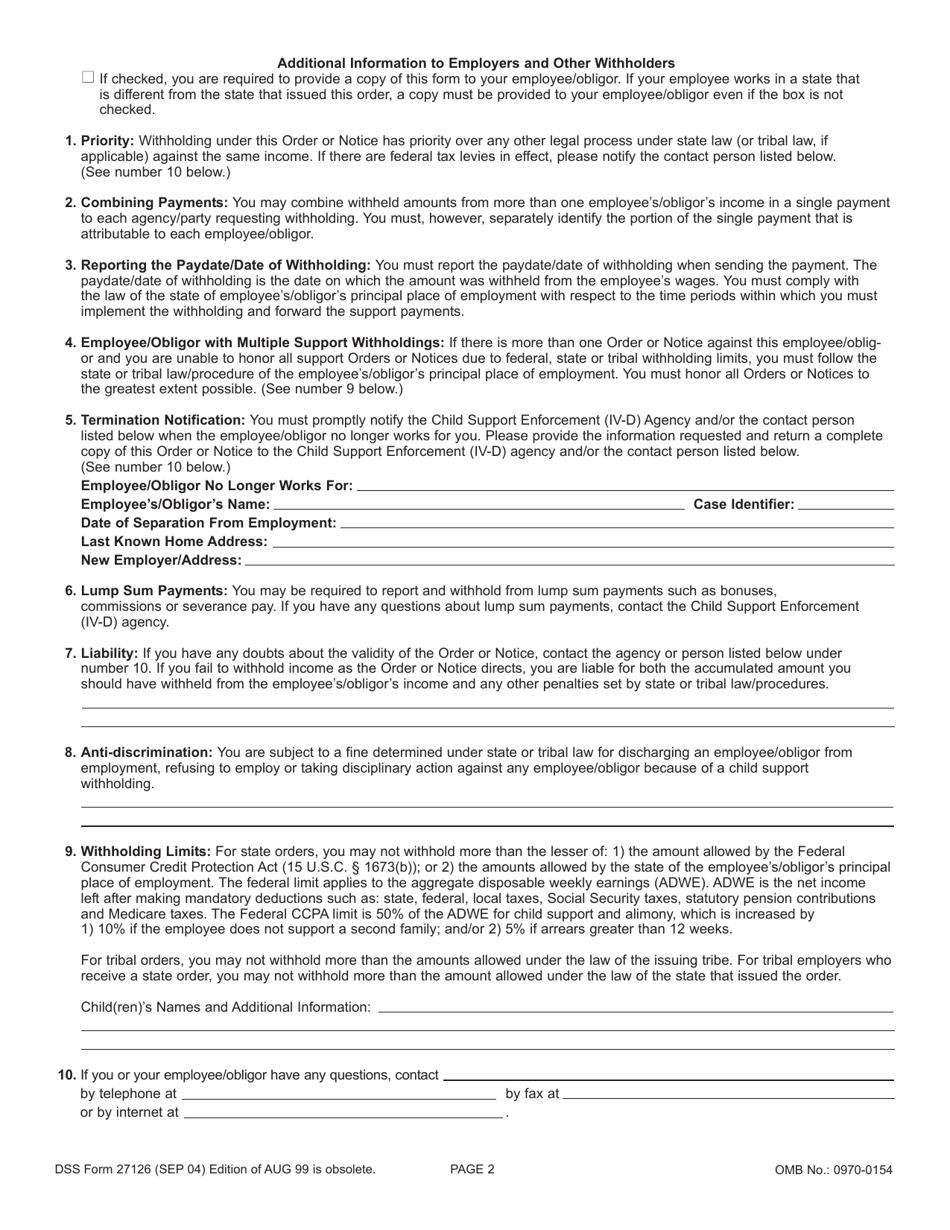 DSS Form 27126 Order / Notice to Withhold Income for Child Support and Notice of an Order to Withhold Income for Child Support - South Carolina, Page 2
