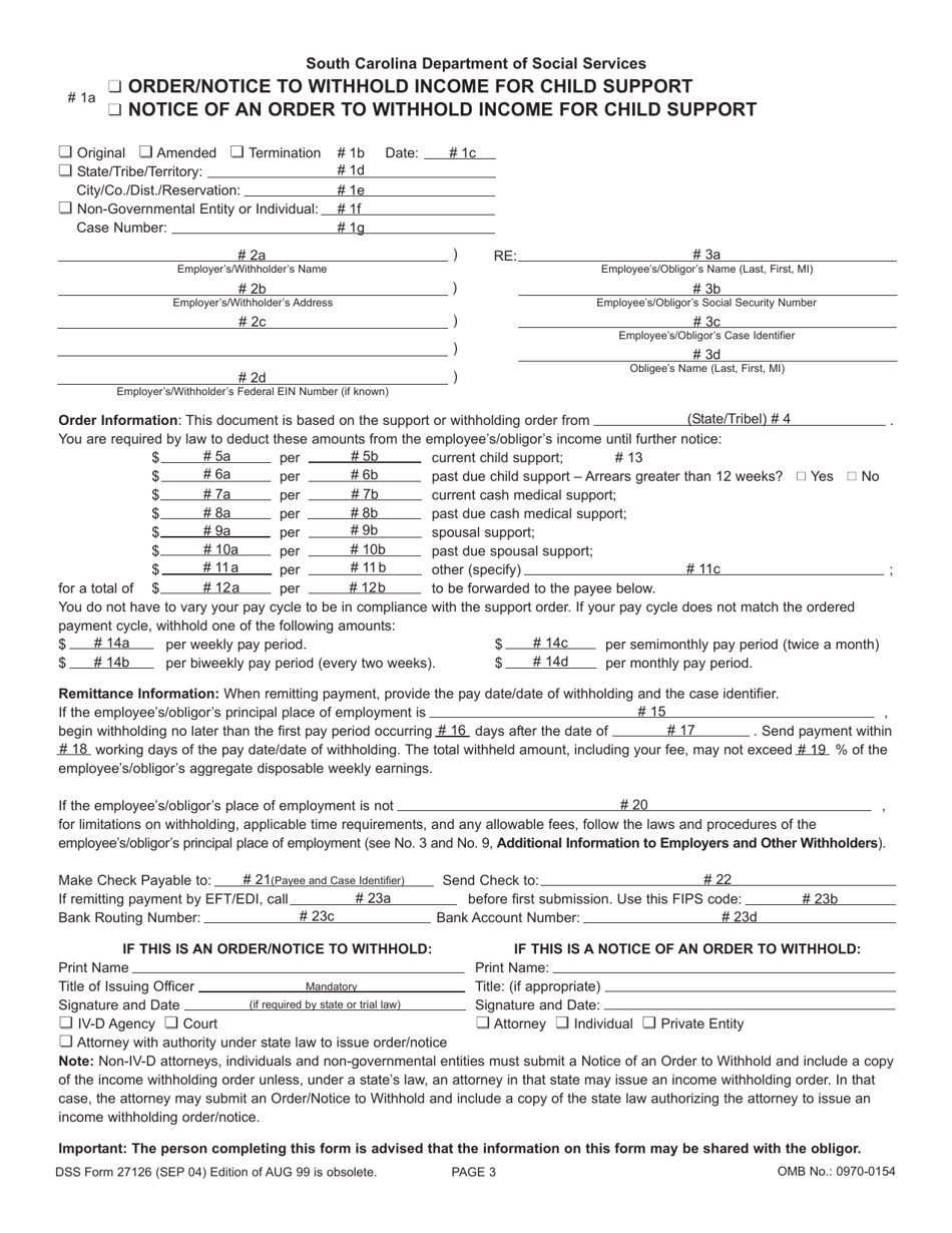 DSS Form 27126 Order / Notice to Withhold Income for Child Support and Notice of an Order to Withhold Income for Child Support - South Carolina, Page 3