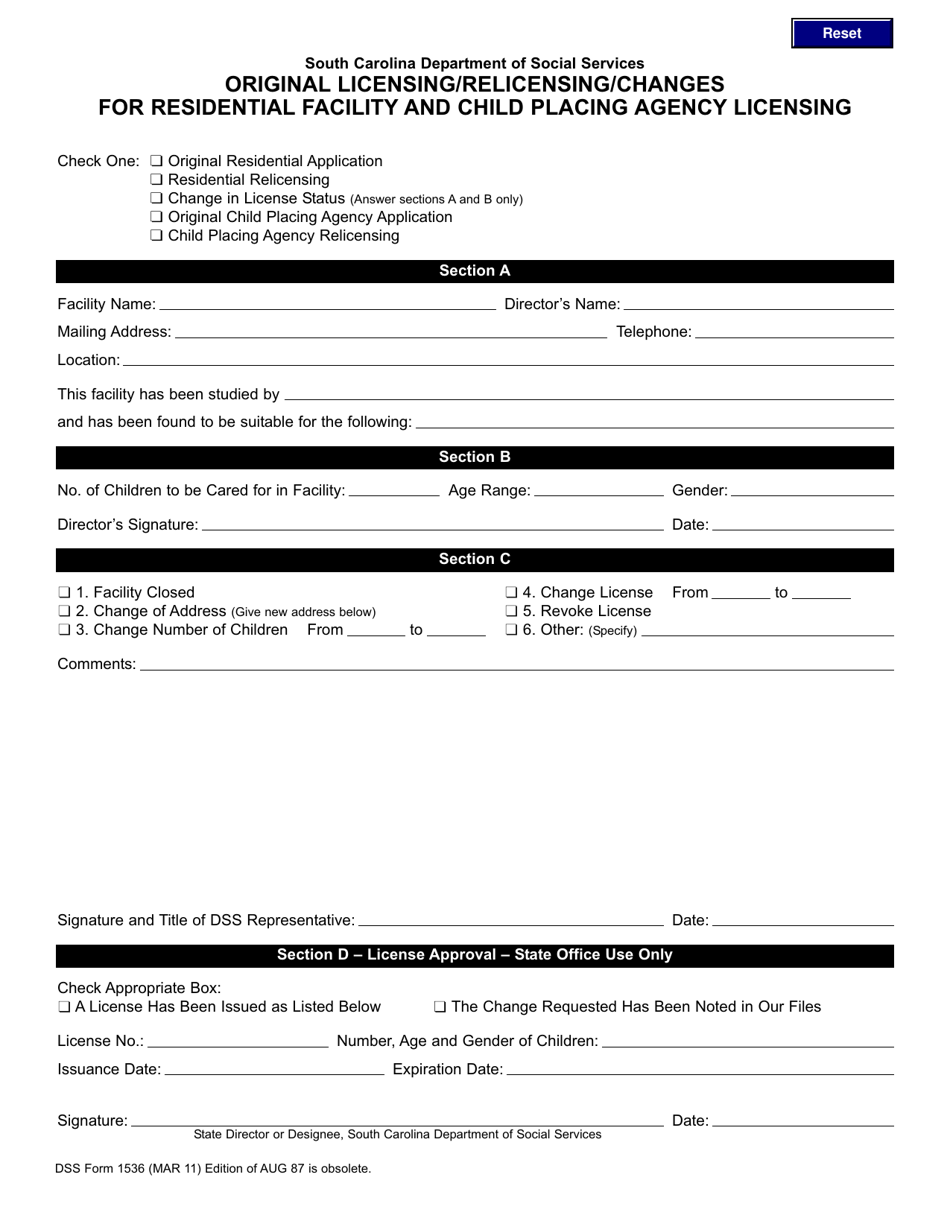 DSS Form 1536 Original Licensing / Relicensing / Changes for Residential Facility and Child Placing Agency Licensing - South Carolina, Page 1