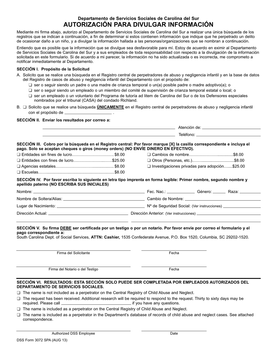 DSS Formulario 3072 SPA Autorizacion Para Divulgar Informacion - South Carolina (Spanish), Page 1