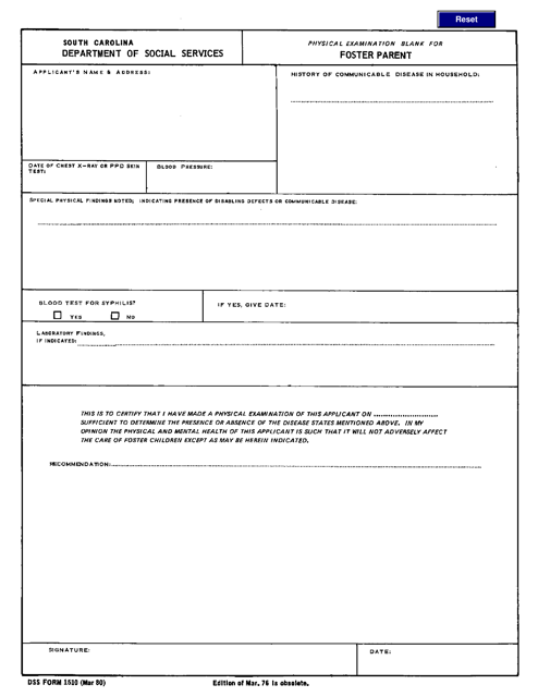 DSS Form 1510 Physical Examination Blank for Foster Parent - South Carolina