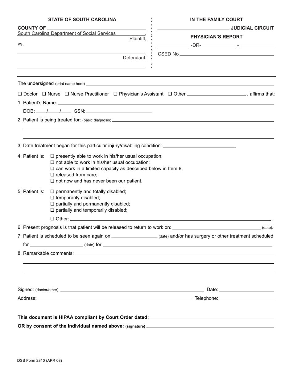 DSS Form 2810 Physicians Report - South Carolina, Page 1