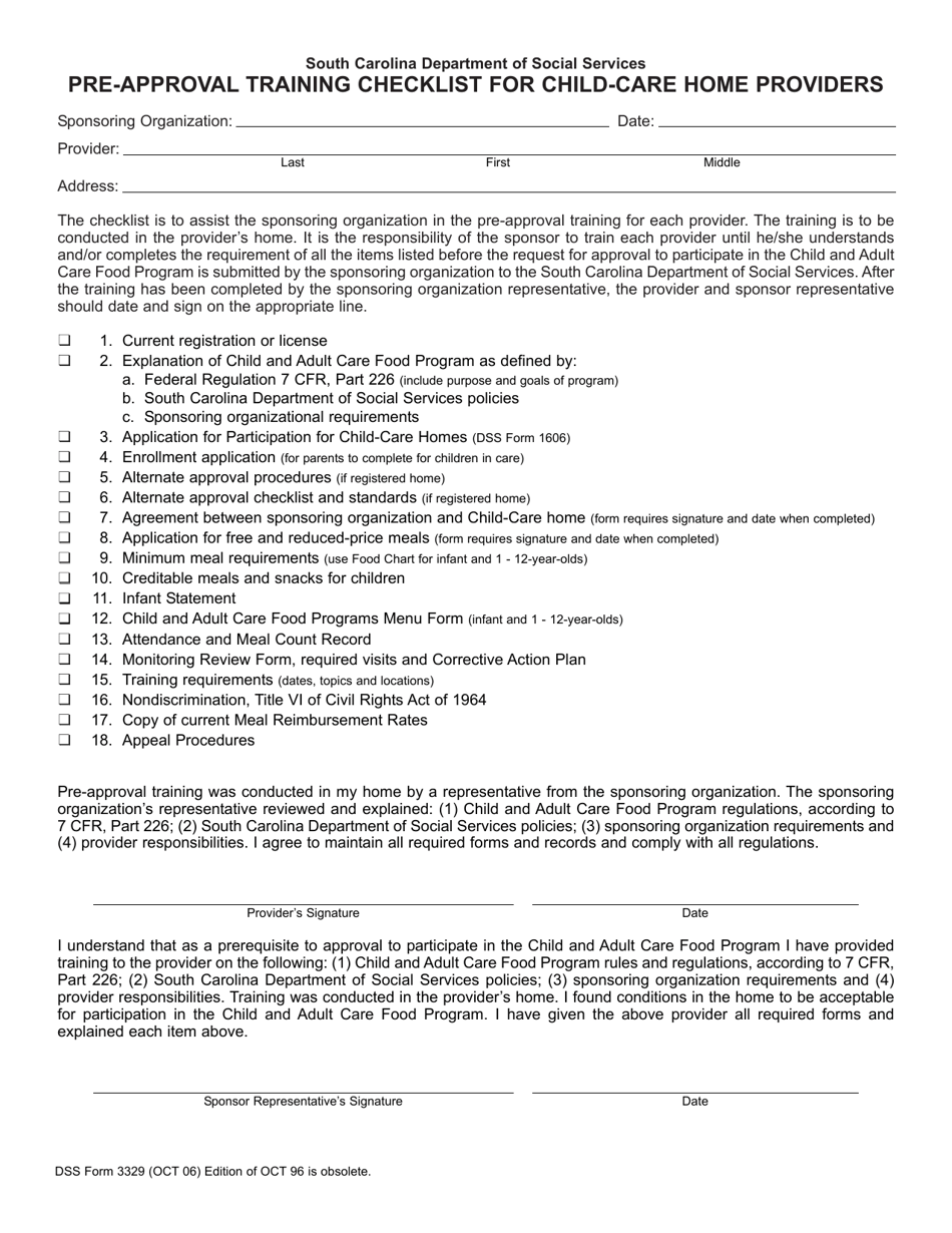 DSS Form 3329 Pre-approval Training Checklist for Child-Care Home Providers - South Carolina, Page 1