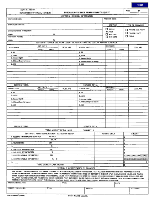 DSS Form 1164 Purchase of Service Reimbursement Request - South Carolina