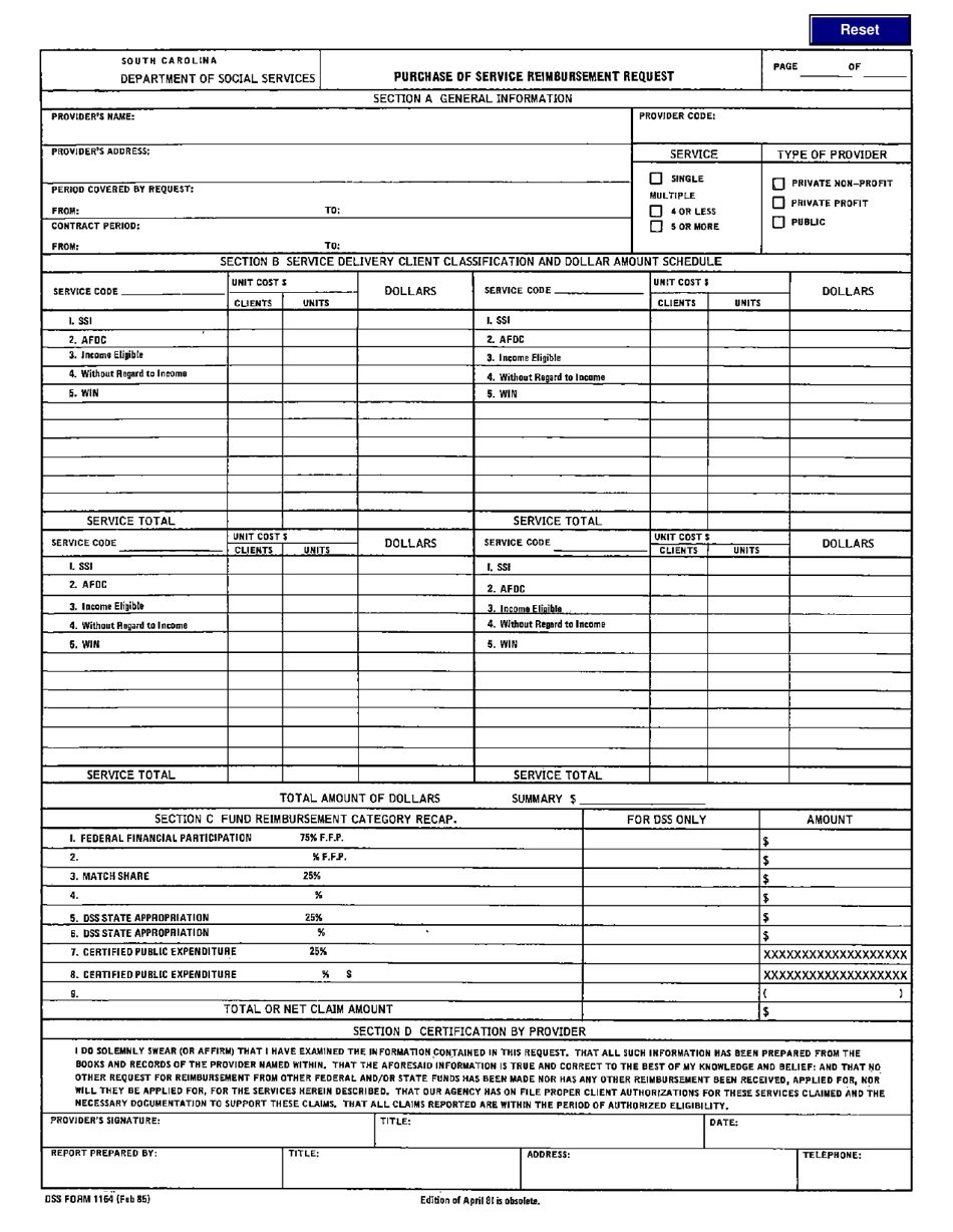 DSS Form 1164 Purchase of Service Reimbursement Request - South Carolina, Page 1