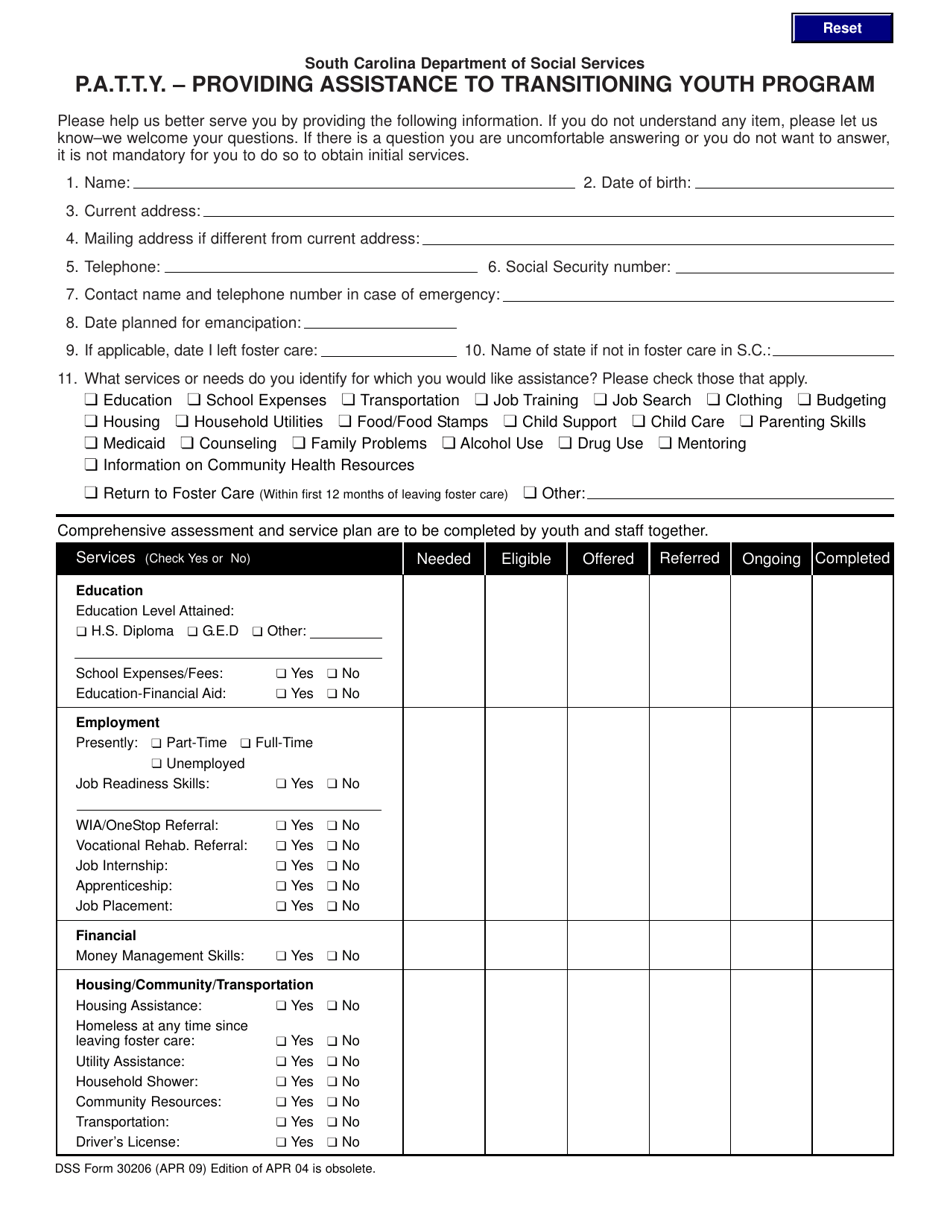 DSS Form 30206 P.a.t.t.y. - Providing Assistance to Transitioning Youth Program - South Carolina, Page 1