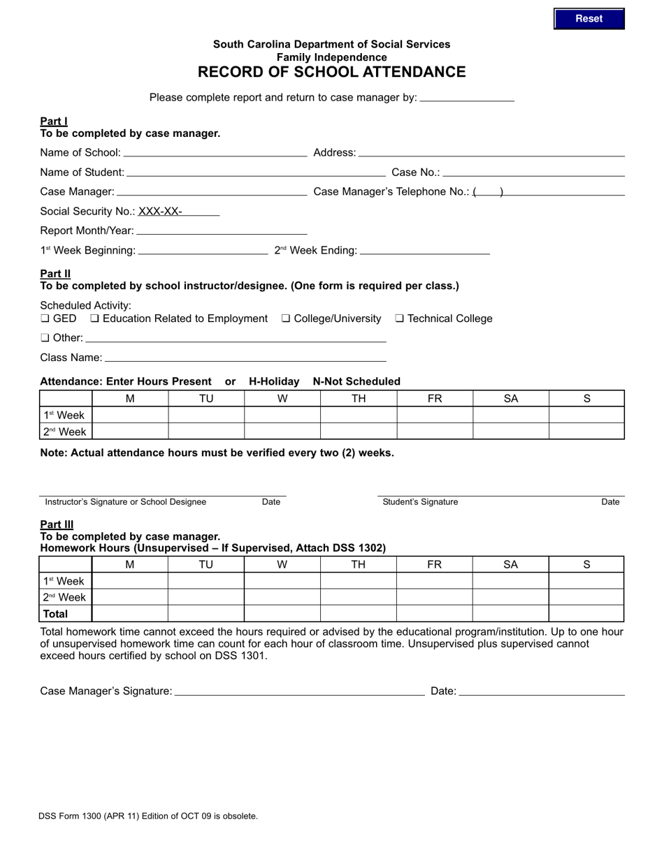 DSS Form 1300 Record of School Attendance - South Carolina, Page 1