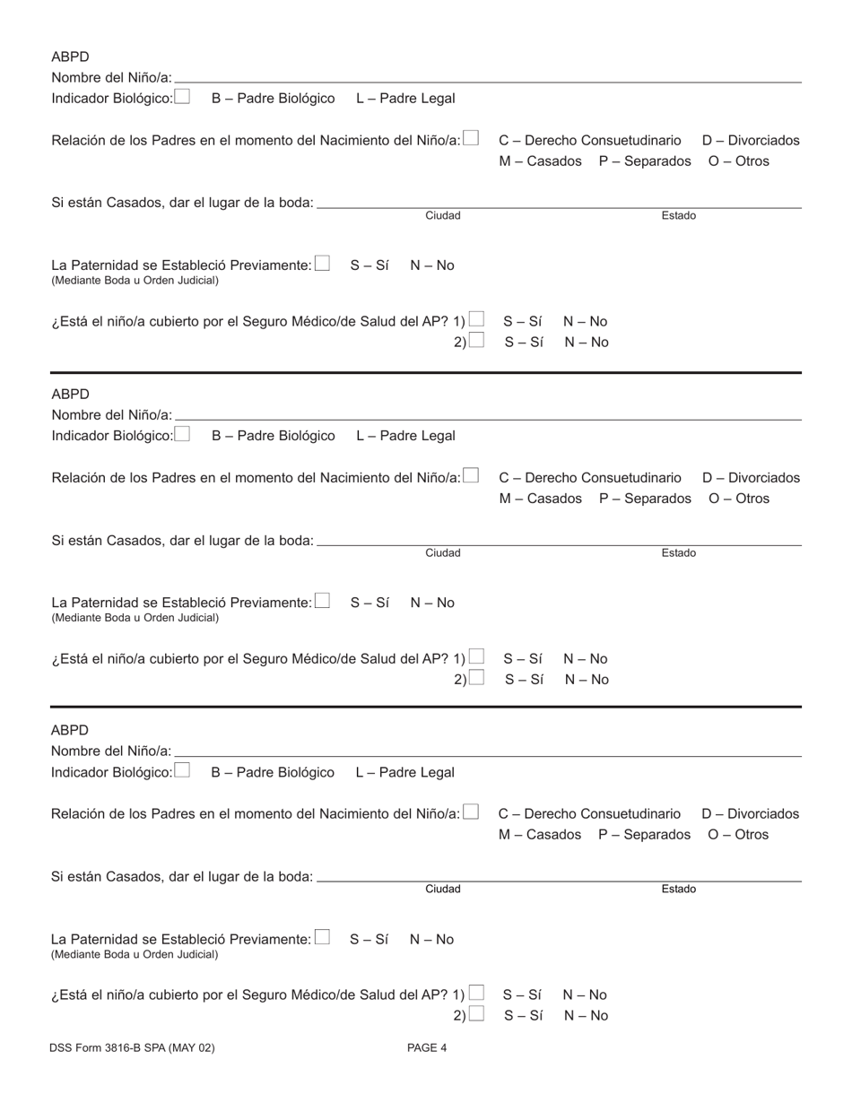 DSS Formulario 3816-B SPA Referencia De Apoyo Infantil Datos Del Padre Ausente - South Carolina (Spanish), Page 4