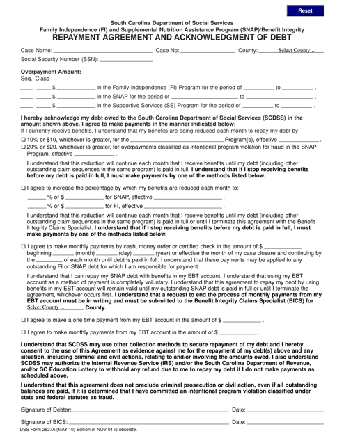 DSS Form 2627A Repayment Agreement and Acknowledgment of Debt - South Carolina
