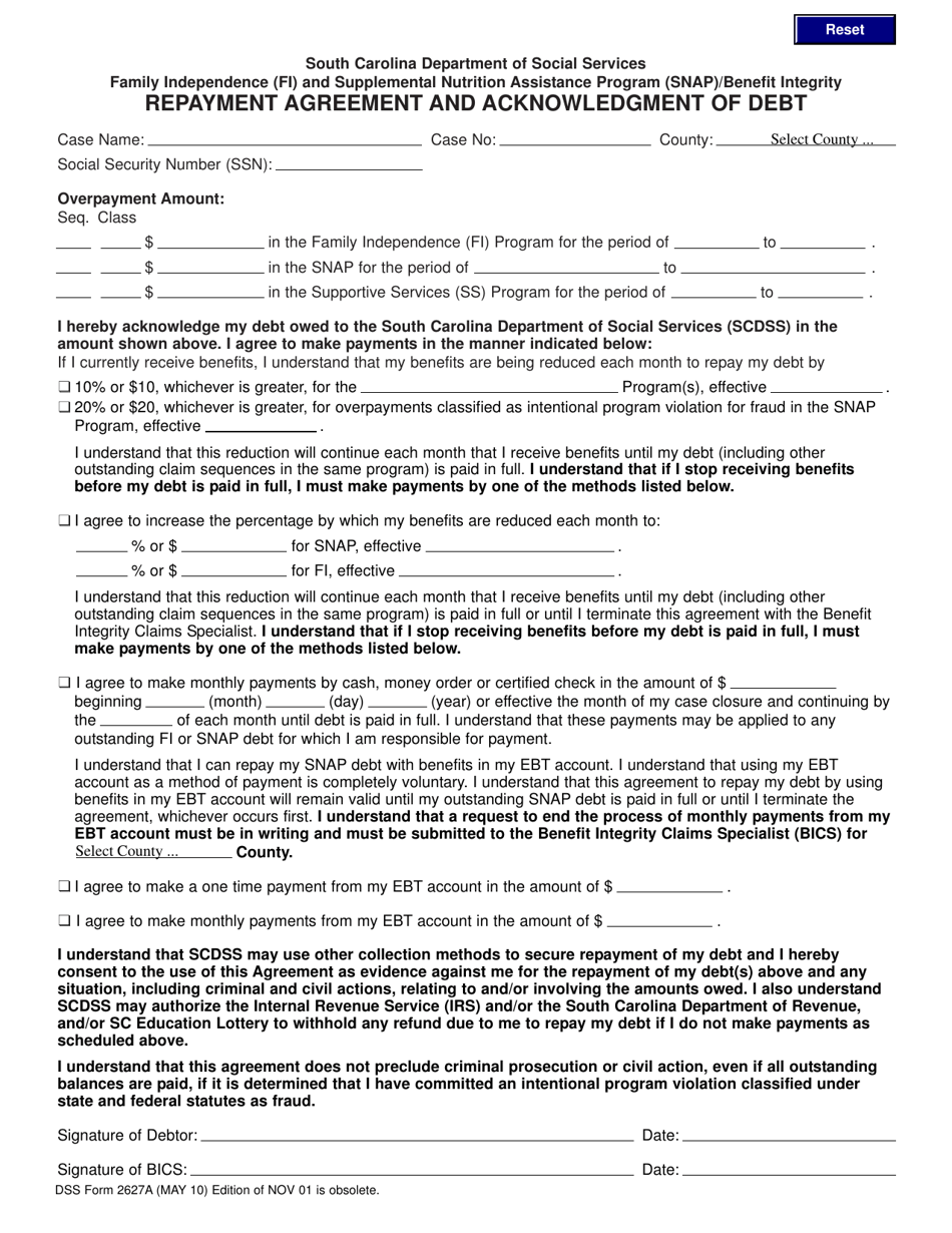 DSS Form 2627A Repayment Agreement and Acknowledgment of Debt - South Carolina, Page 1