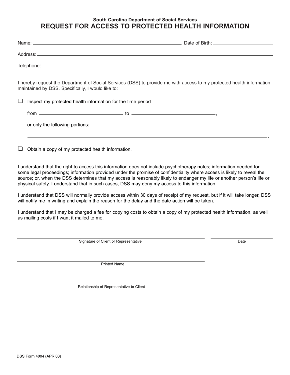 DSS Form 4004 Request for Access to Protected Health Information - South Carolina, Page 1