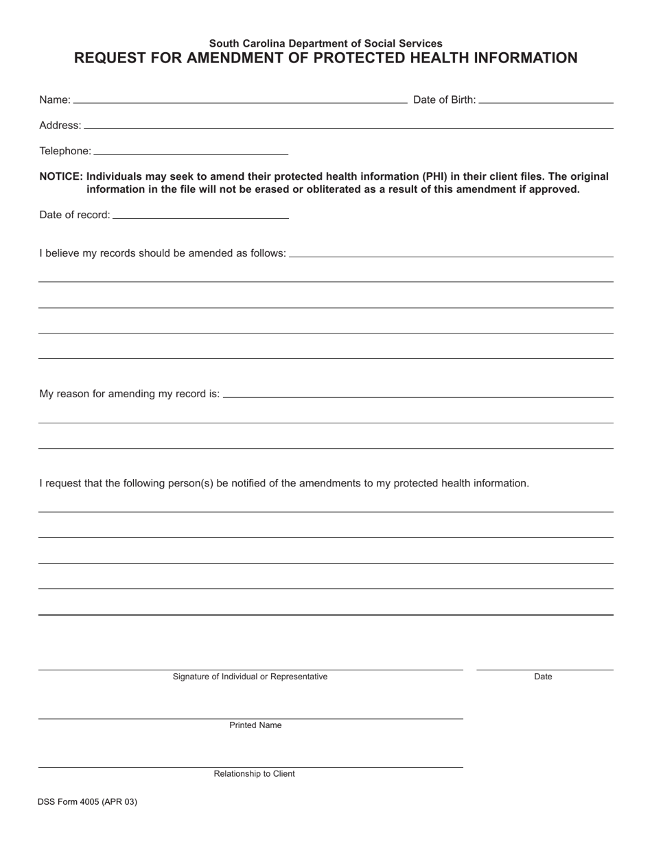 DSS Form 4005 Request for Amendment of Protected Health Information - South Carolina, Page 1