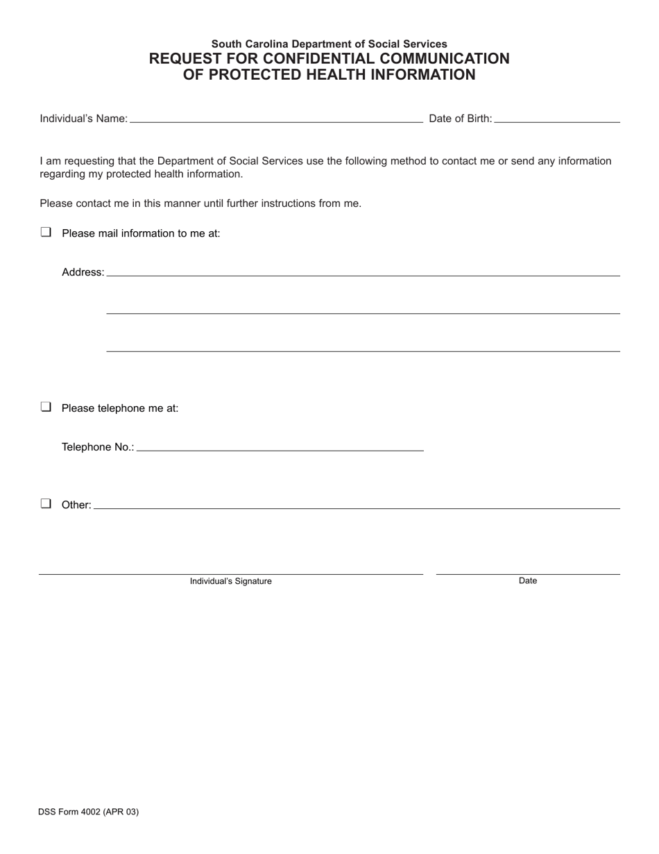 DSS Form 4002 Request for Confidential Communication of Protected Health Information - South Carolina, Page 1