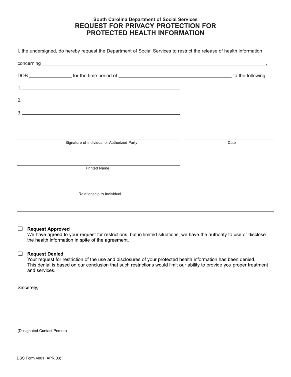 DSS Form 4001 Request for Privacy Protection for Protected Health Information - South Carolina, Page 1