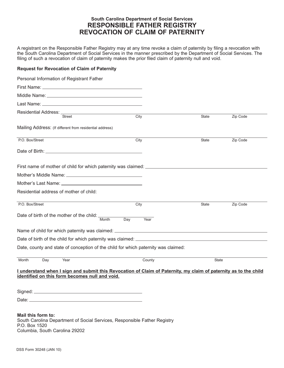 DSS Form 30248 Responsible Father Registry - Revocation of Claim Paternity - South Carolina, Page 1