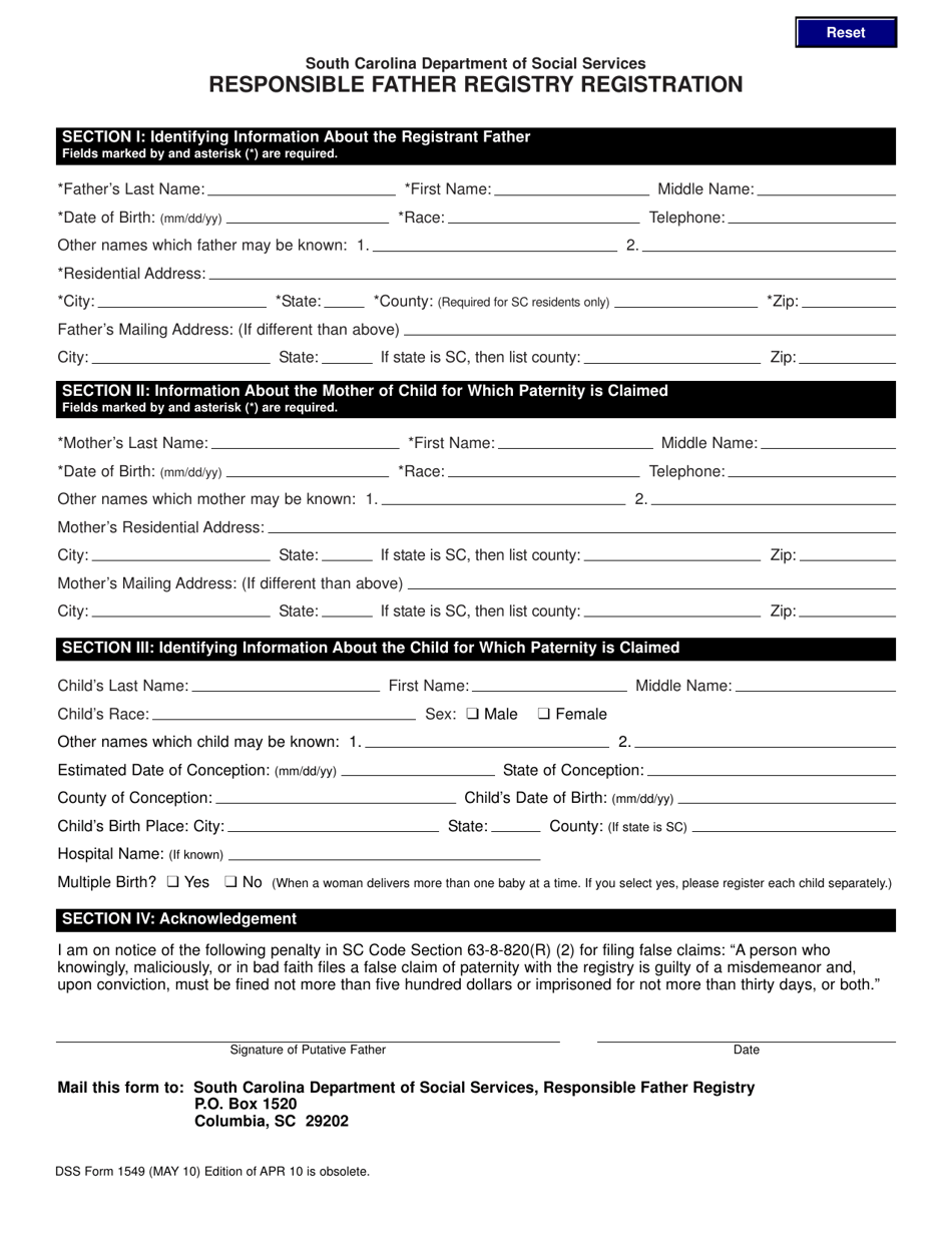 DSS Form 1549 Responsible Father Registry Registration - South Carolina, Page 1