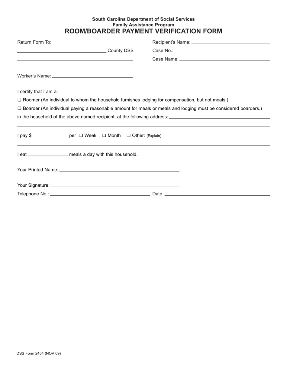 DSS Form 2454 Room / Boarder Payment Verification Form - South Carolina, Page 1