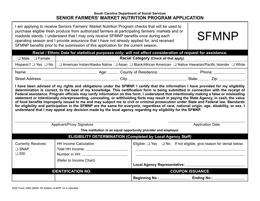 DSS Form 3360 Senior Farmers' Market Nutrition Program Application - South Carolina