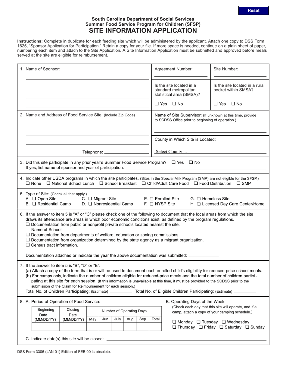 DSS Form 3306 Site Information Application - Summer Food Service Program for Children (Sfsp) - South Carolina, Page 1