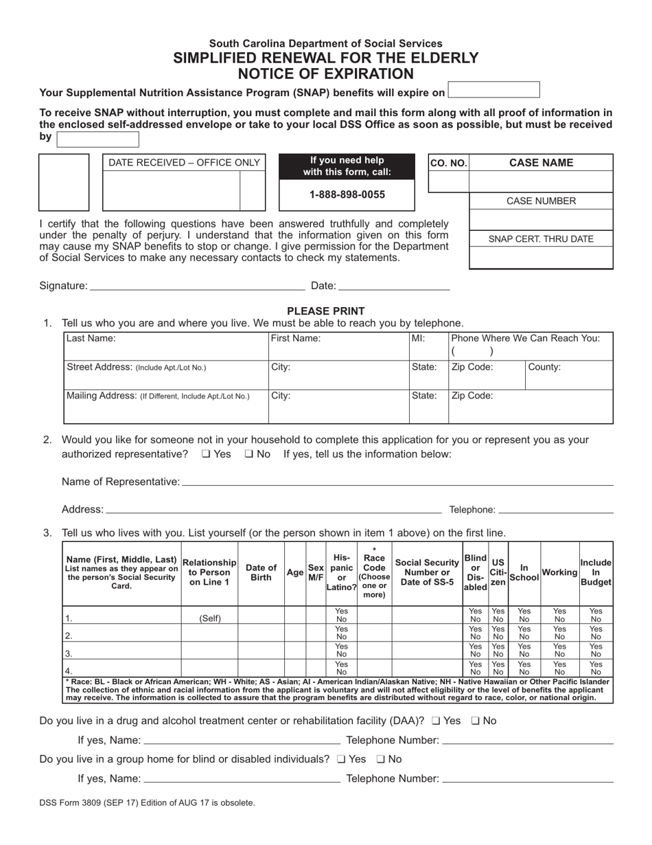DSS Form 3809 Simplified Renewal for the Elderly - Notice of Expiration - South Carolina, Page 1