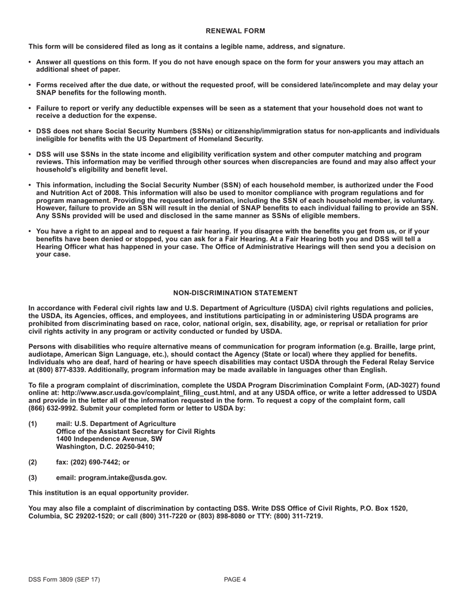 DSS Form 3809 Simplified Renewal for the Elderly - Notice of Expiration - South Carolina, Page 4