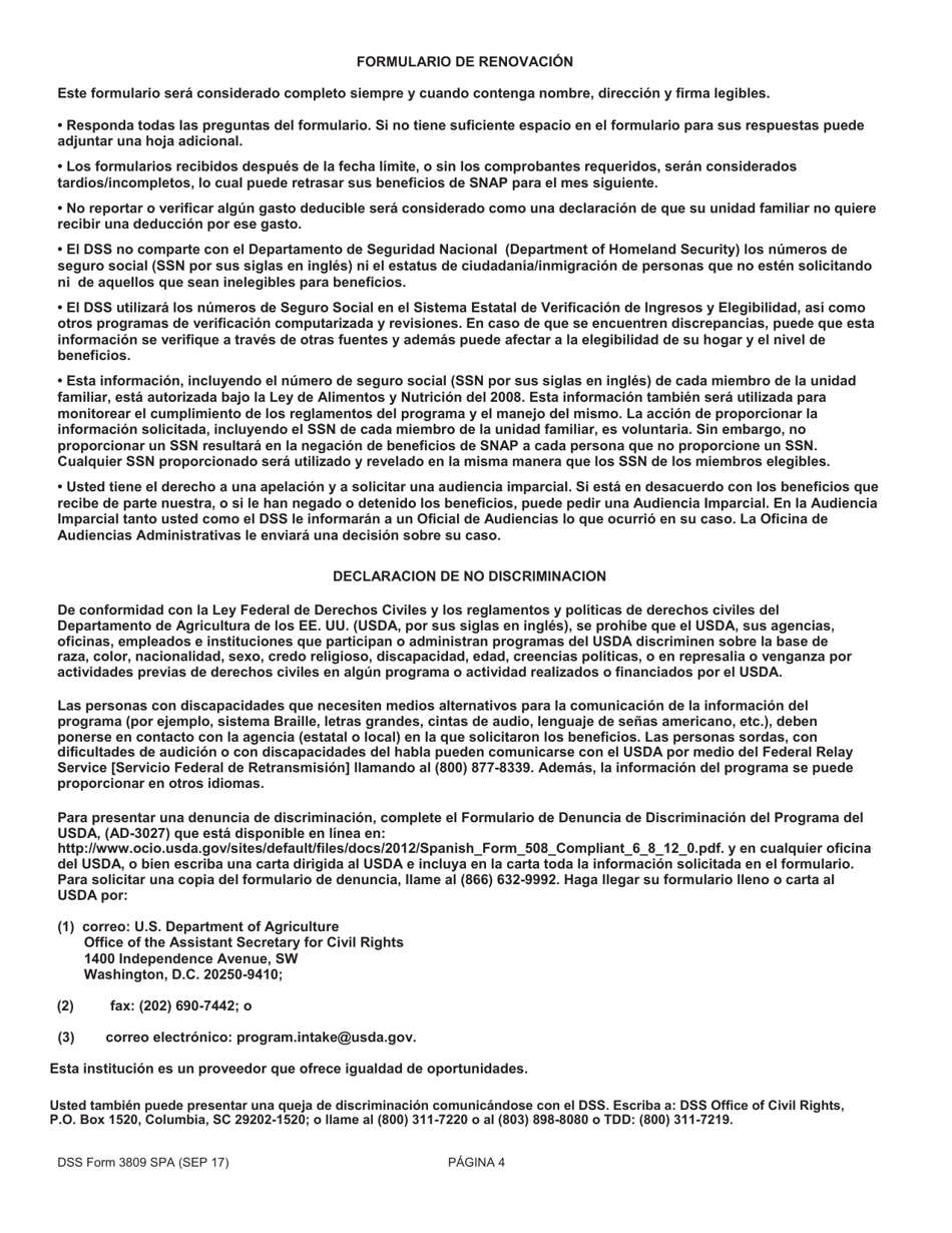 DSS Formulario 3809 SPA Renovacion Simplificada Para Personas De La Tercera Edadaviso De Vencimiento - South Carolina (Spanish), Page 4