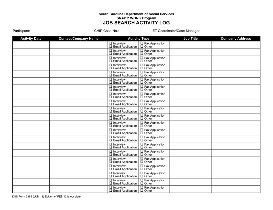 DSS Form 3365 Job Search Activity Log - Snap 2 Work Program - South Carolina, Page 1