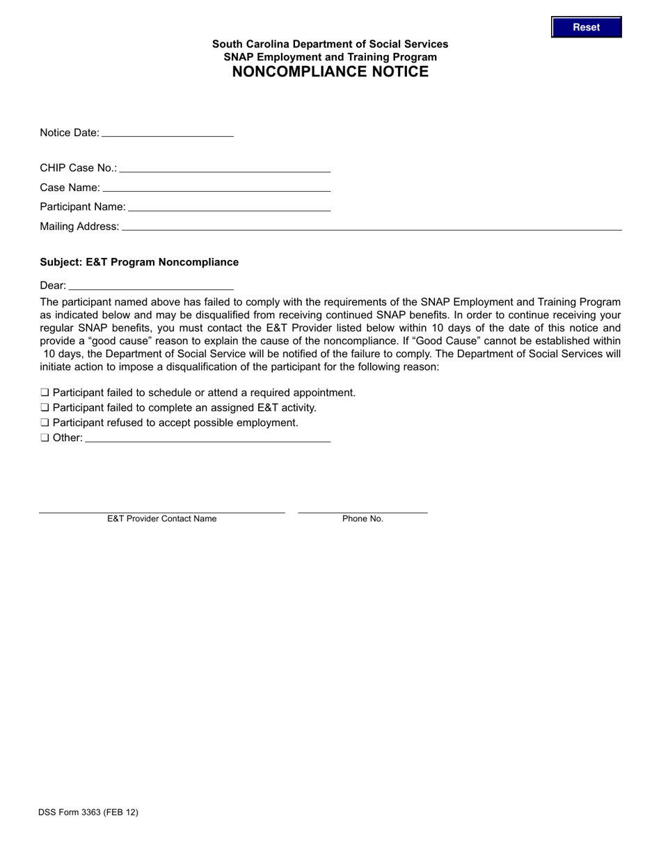 DSS Form 3363 Noncompliance Notice - Snap Employment and Training Program - South Carolina, Page 1