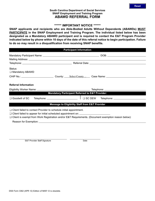 DSS Form 3362 Abawd Referral Form - Snap Employment and Training Program - South Carolina