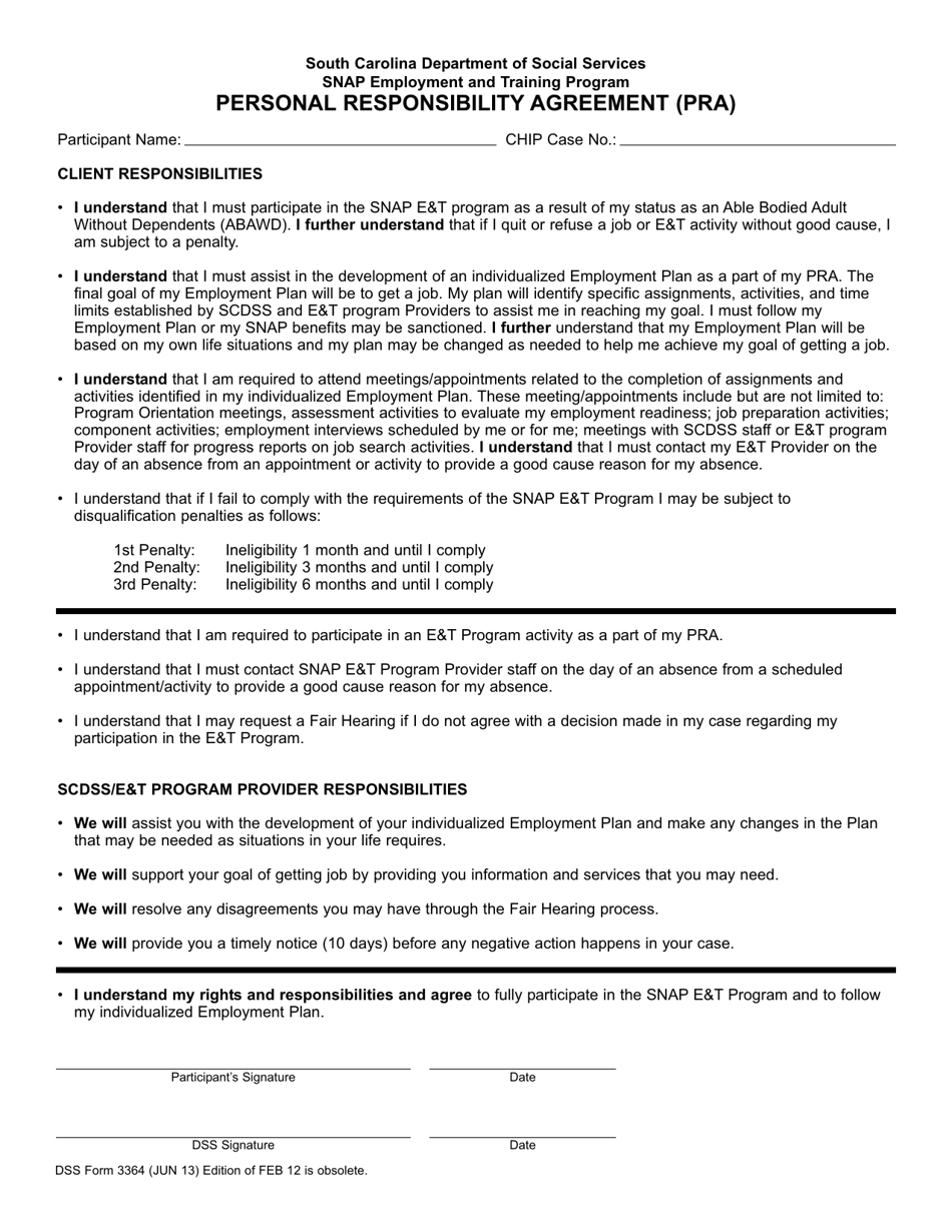 DSS Form 3364 Personal Responsibility Agreement (Pra) - Snap Employment and Training Program - South Carolina, Page 1